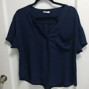 Lush Dark Blue Chiffon V Neck Blouse